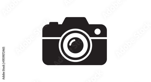 Simple black silhouette icon of a professional camera represents photography and visual media creation.