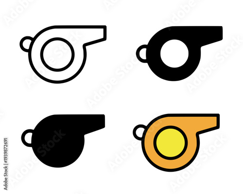 Whistle illustration icon, in outline, silhouette and colored designs