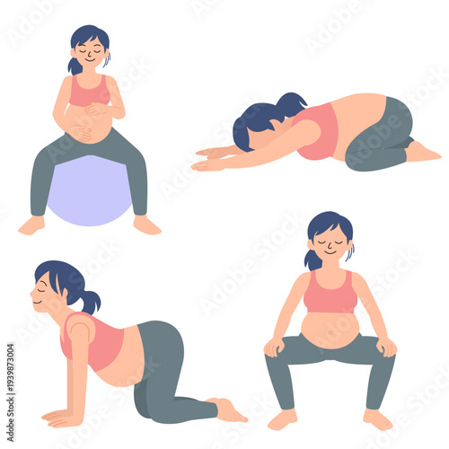 Pregnancy Yoga Workout Poses Prenatal Fitness Training Illustration