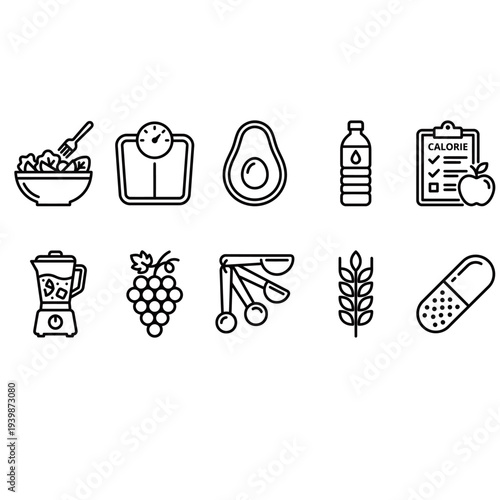 Assorted Healthy Food and Fitness Icons Displayed in a Grid on a Clean Background from a Direct Viewpoint