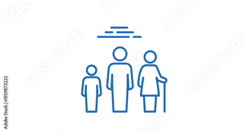 Generations Family Icon: Child, Adult, Senior with Walking Stick - Diverse Ages