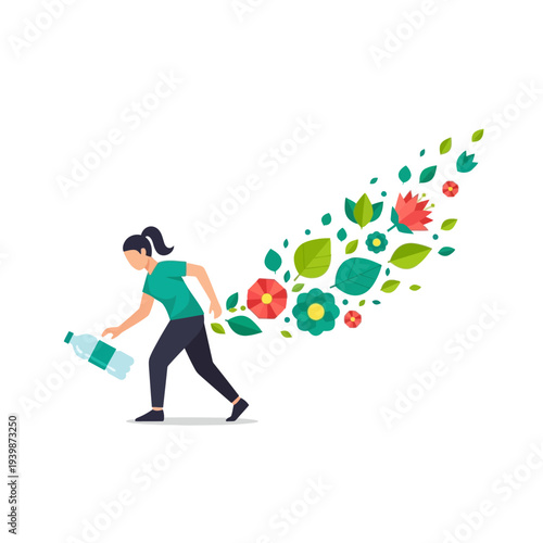 Woman picking up bottle to plant flowers for environment