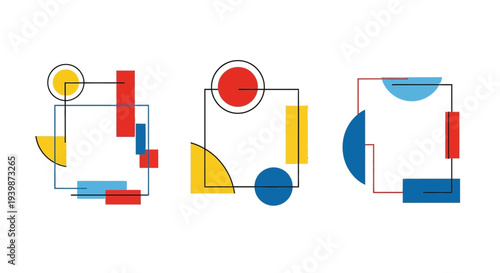 Abstract Geometric Composition: Squares, Circles, Rectangles, and Arcs in Primary Colors