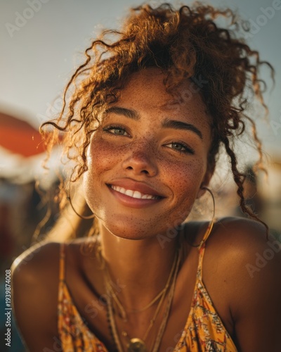 Radiant Smile: A Freckled Woman Bathed in Golden Sunlight generated by AI