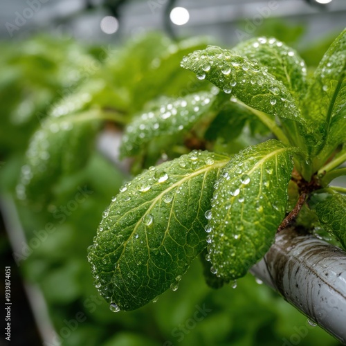 Close-up of Fresh Hydroponic Leaves with Dew Drops generated by AI