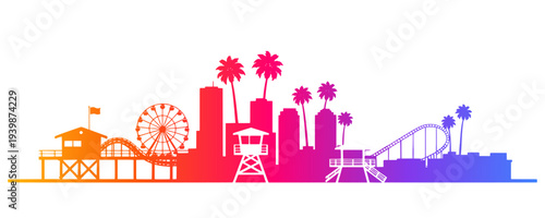 Colorful Santa Monica Pier and Skyline Silhouette with Gradient Sunset Vector