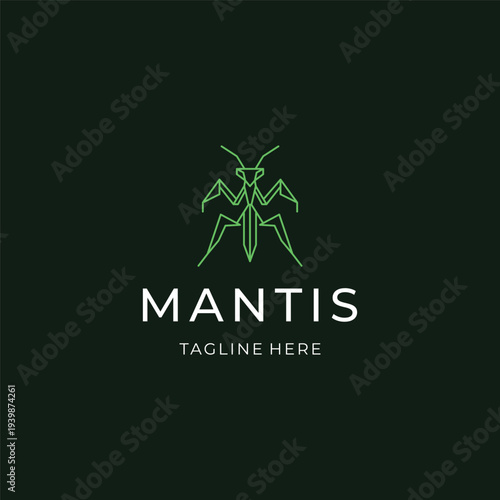 Mantis line art logo with sharp angles symbolizing focus and precision.