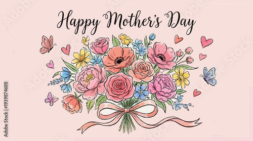 Warm and heartfelt hand drawn Mother's Day greeting card with colorful floral and love elements
