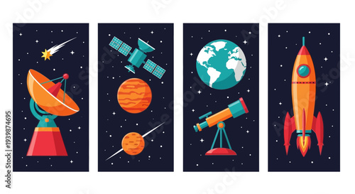 Space Exploration Set: Rocket, Telescope, Satellite, Planets, Stars, Comet