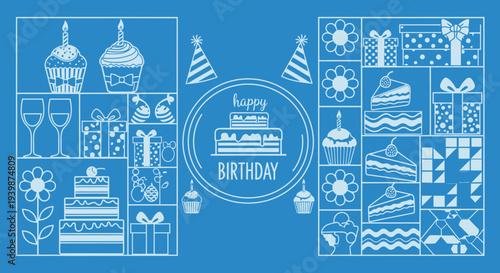 Happy Birthday Celebration Icons: Cakes, Gifts, Cupcakes, Party Hats, Wine Glasses