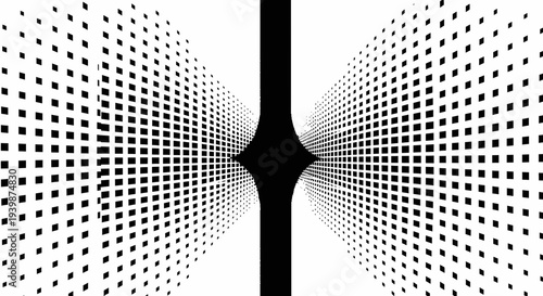 Abstract geometric pattern of black squares receding into a central black void against a white background