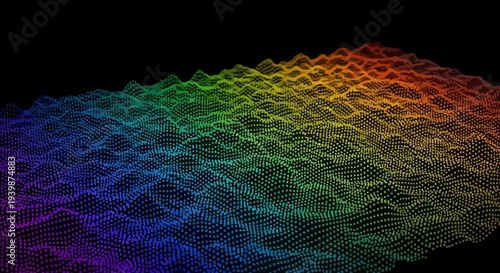 Abstract 3D landscape of colorful digital data points forming waves and mountains on a black background