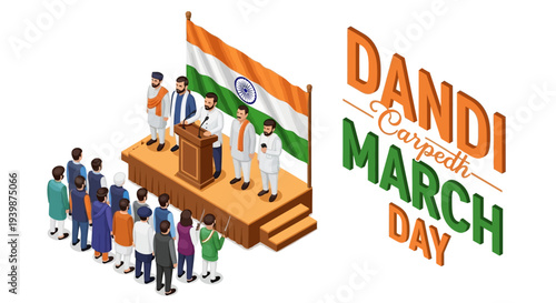 Illustration of people gathered around a podium with Indian flag, celebrating Dandi March Day with a patriotic mood and vibrant colors.