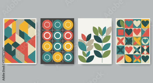 Retro Geometric Patterns Set: Abstract Mid-Century Modern Designs with Shapes and Nature Motifs