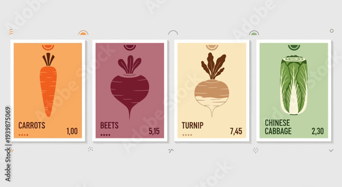 Set of four vintage vegetable posters: carrots, beets, turnip, and Chinese cabbage, with prices.