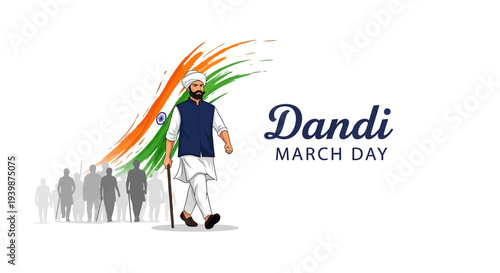 Illustration of Mahatma Gandhi leading the Dandi March with a group of people in a vibrant, patriotic design for Dandi March Day.