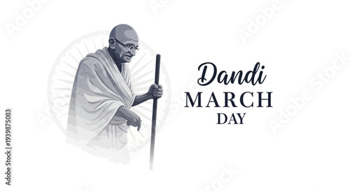 Illustration of Mahatma Gandhi holding a walking stick on Dandi March Day with a simple, monochromatic design and a subtle background texture.