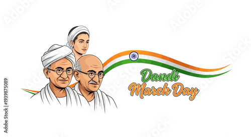 Illustration of Mahatma Gandhi and followers celebrating Dandi March Day with Indian flag elements in a vibrant design.