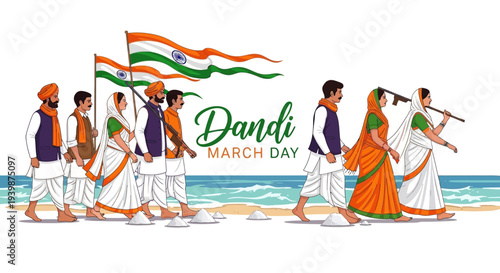 Illustration of people marching on a beach with a flag, celebrating Dandi March Day with a vibrant and festive atmosphere.