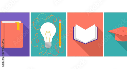 Education and Knowledge Concept: Books, Lightbulb, Pencil, Open Book, Graduation Cap Icons