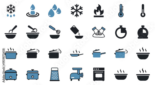 Cooking Icons Set: Food Preparation, Kitchen Appliances, Temperature, and Time Symbols