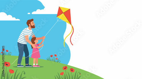 Father and Daughter Flying a Kite Together Outdoors.