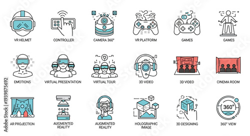 Virtual Reality and Augmented Reality Icons Set: Technology, Gaming, and Entertainment Concepts