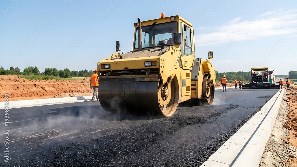 Obraz premium Heavy Road Roller Compacting Fresh Asphalt on a New Highway Construction Site.