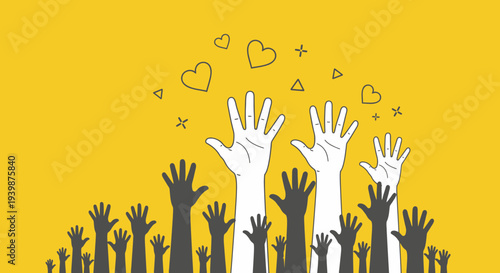 Diverse hands raised in unity and hope, with hearts and abstract shapes floating above.
