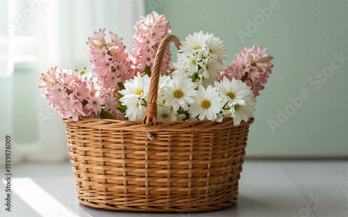 Pink hyacinths and white daisies in a woven basket sunlight streaming