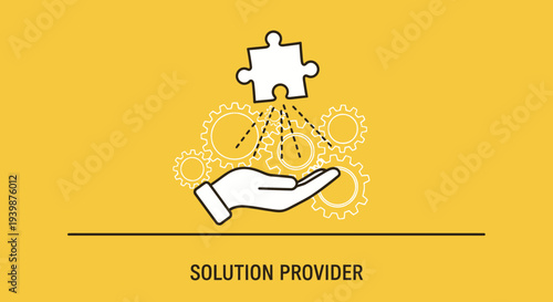 Solution Provider Hand Holding Puzzle Piece Above Gears - Business Strategy Concept