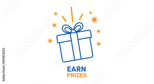 Gift Box Icon with Sparkles and Text Earn Prizes, Winning Concept