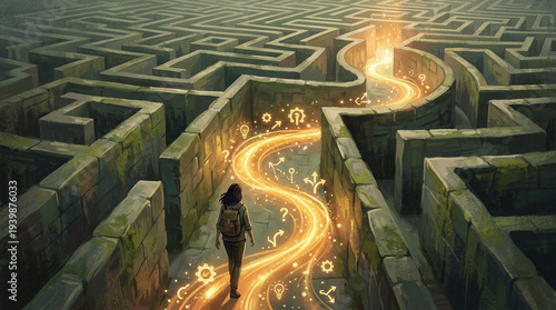 Woman Navigating a Luminous Maze with Glowing Path and Solution Symbols