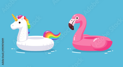 Unicorn and Flamingo Pool Floats on Blue Water - Summer Fun