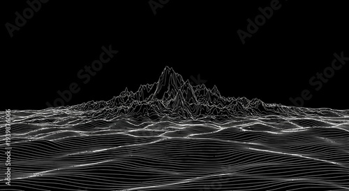 Abstract 3D Wireframe Mountain Landscape with Digital Terrain and Data Visualization