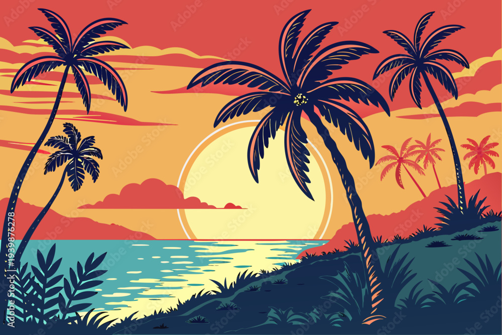 Fototapeta premium Tropical Sunset Beach with Palm Tree Silhouettes Vector 