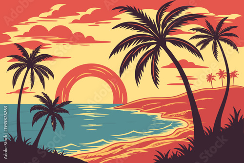 Tropical Sunset Beach with Palm Tree Silhouettes Vector 
