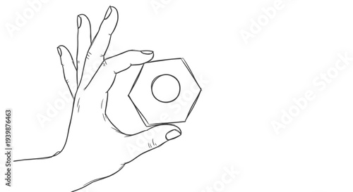 Hand holding a hexagonal nut, close-up, sketch style