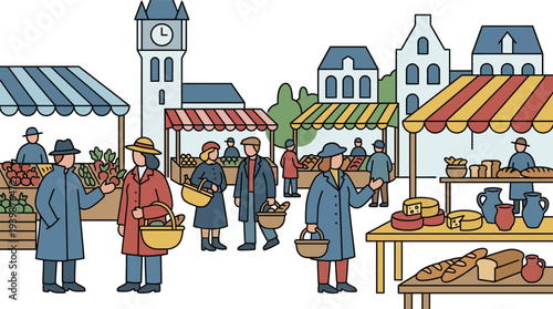 A vibrant illustration of an outdoor market square with people browsing stalls selling fresh produce, bread, and cheese, set against a backdrop of traditional buildings and a clock tower.