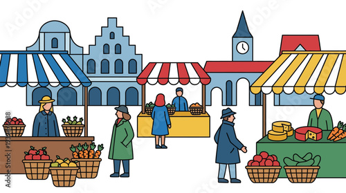An illustration of a bustling outdoor market scene with vendors selling fresh produce and customers browsing, set against a backdrop of charming European-style buildings.