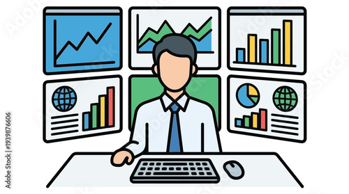 Illustration of a businessman or data analyst working at a desk surrounded by multiple monitors displaying financial charts and graphs.