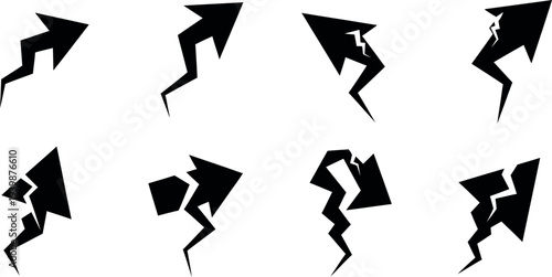 Collection of eight abstract black silhouettes resembling dynamic figures in motion on a white background with a focus on geometric shapes