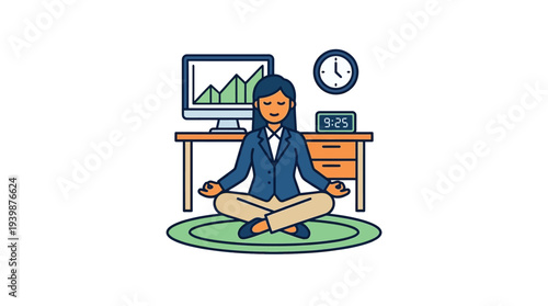 Businesswoman meditating in a lotus position at her office desk, promoting mindfulness and stress relief in the workplace.