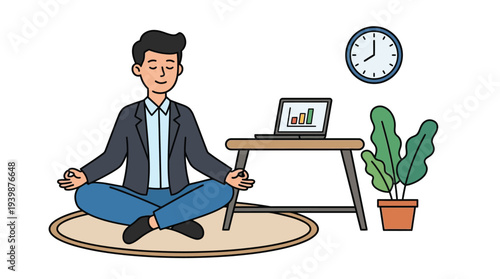 An illustration of a man in business casual attire meditating on a rug next to a laptop and a plant, promoting mindfulness and stress relief at work.