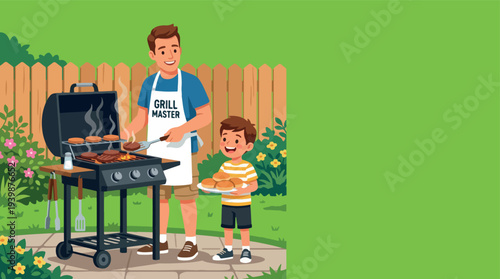 Father and son enjoying a barbecue in the backyard.
