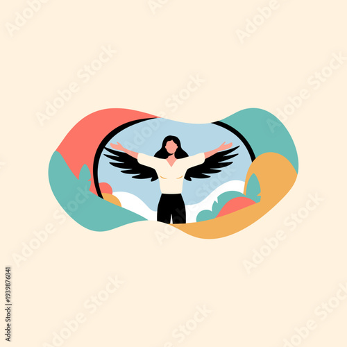 Woman with wings standing confidently in modern abstract design