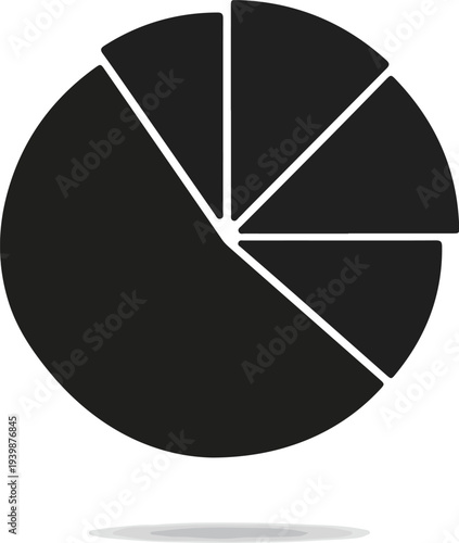 A black and white vector icon depicting a pie chart with five distinct slices, one of which is slightly separated from the main circle.