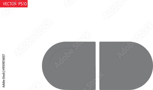 A simple gray vector icon depicting a medical pill or capsule, split in half, on a white background.