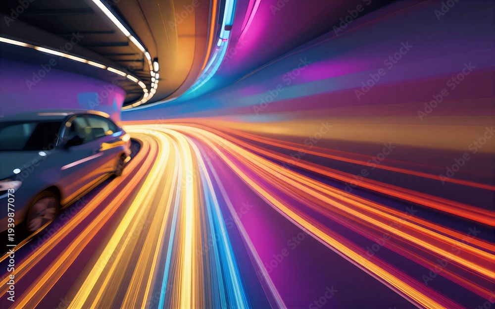 Fototapeta premium Vibrant neon lights streak through a tunnel as cars race forward in