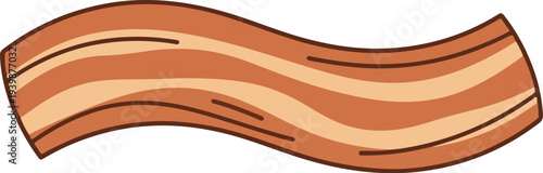 A cartoon illustration of a single wavy strip of bacon, featuring brown and beige stripes, perfect for breakfast or food-related designs.